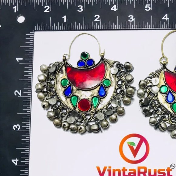 Afghan Tribal Kuchi Multicolor Bali Earrings, Boho Earrings, Kuchi Jewelry - Picture 10 of 12